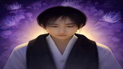 热血冒险类番剧封面示例，少年主角在燃烧的战场上仰望天空，画面充满张力与色彩冲击感